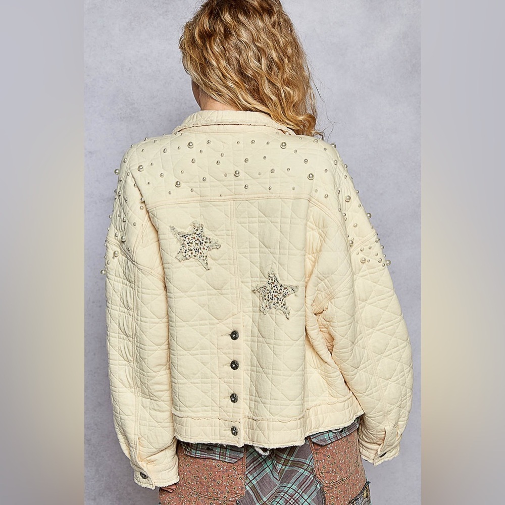 ⚡️ 📦 POL “ Twinkle Thread Puffer “ Quilted Patchwork and Pearl Jacket | Cream - Picture 6 of 7